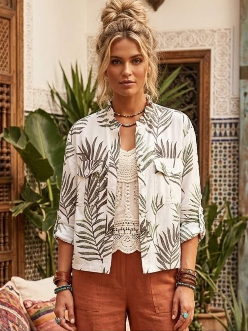 Boho Linen and Rayon safari jacket.  Ptp 20”, size S, loose fit. $40